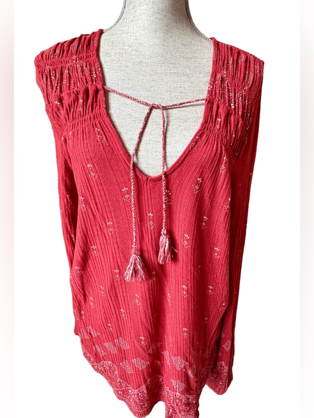 Lucky Brand Boho Rust Red Tunic Top with Tassel Tie, Size Large